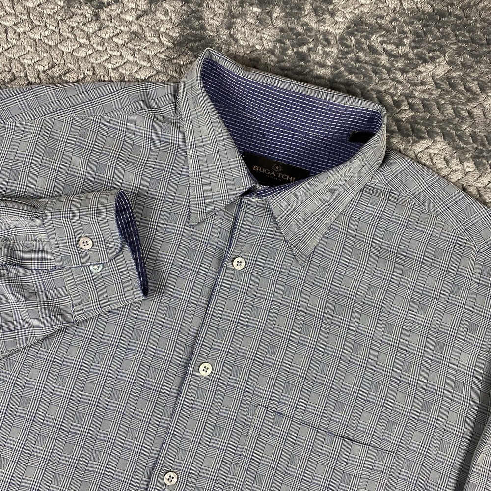 Bugatchi Shirt Mens XL Blue Check Plaid Classic Long Sleeve Button Rayon Mix